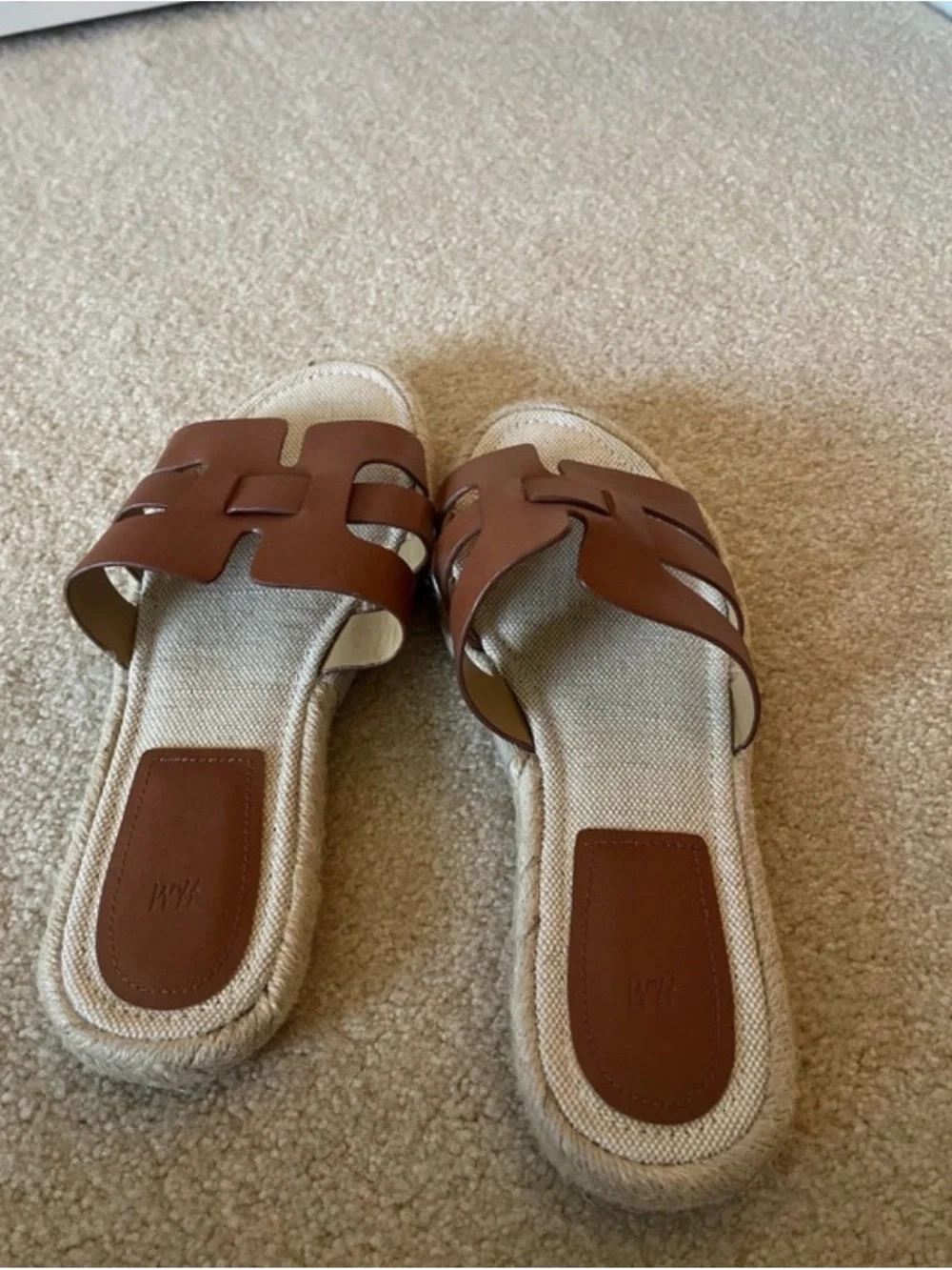 H&M Tan Brown Faux Leather Strap Espadrille Slide Sandals